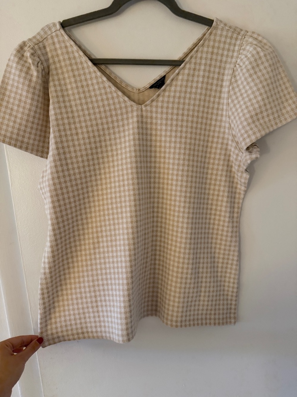 Ann Taylor Beige Gingham V-Neck Blouse